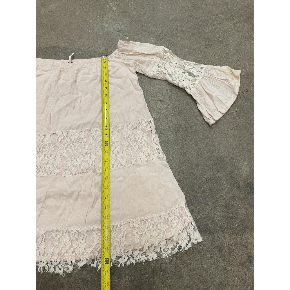 Free People Lace Dress Womens XS‎ Pink Off Shoulder Boho Short Mini Bell Sleeve - Picture 14 of 16